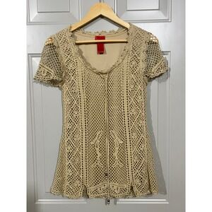 V Cristina Crochet Knit Top Women Size Medium Tan Good Boho Lace Tie Front V107